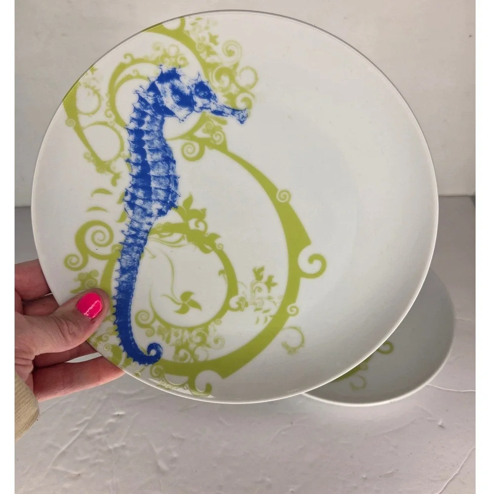 M Studios Seahorse Salad Plates Set Blue Lime‎ Green Coastal Nautical Magenta